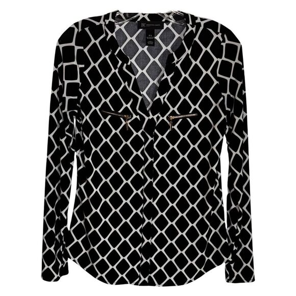 International Concepts Black White Geo Print Blouse Small Petite - Picture 1 of 7